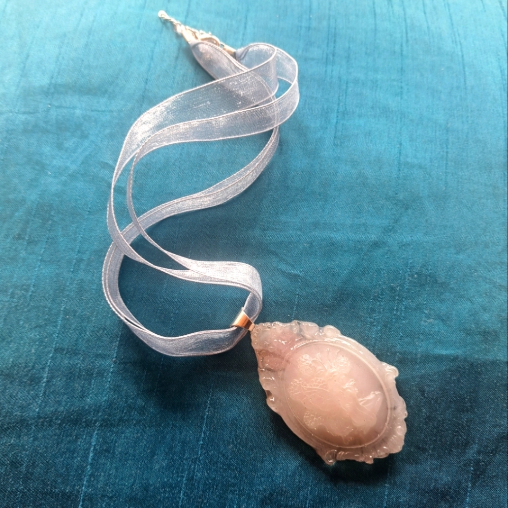 Handmade milky Blue Lolita Fairy Cameo Necklace Resin Sculpture Pendant Ribbon